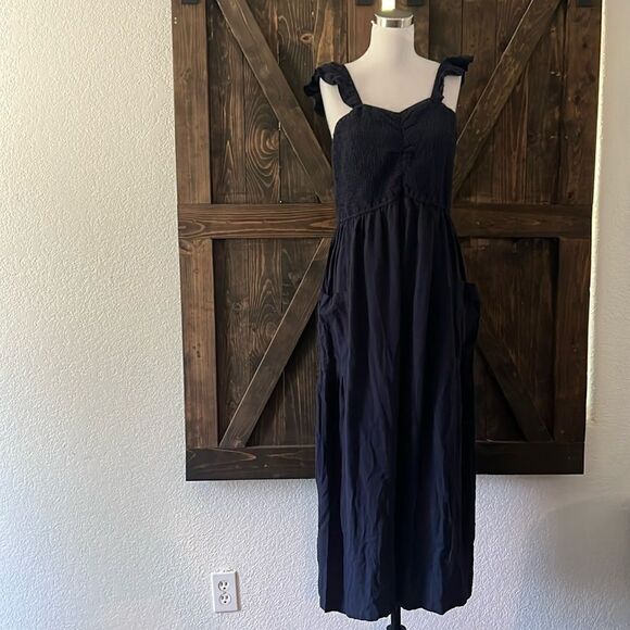 Boho Ruffle Strap Navy Jumpsuit With Pockets - Picture 3 of 13